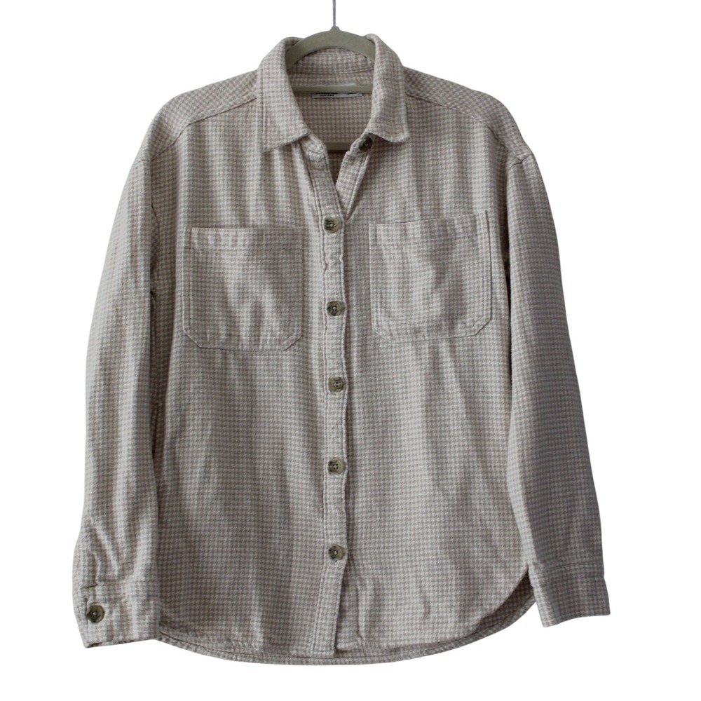 Hollister Tan White Houndstooth Cotton Flannel Shacket Shirt Pockets XS